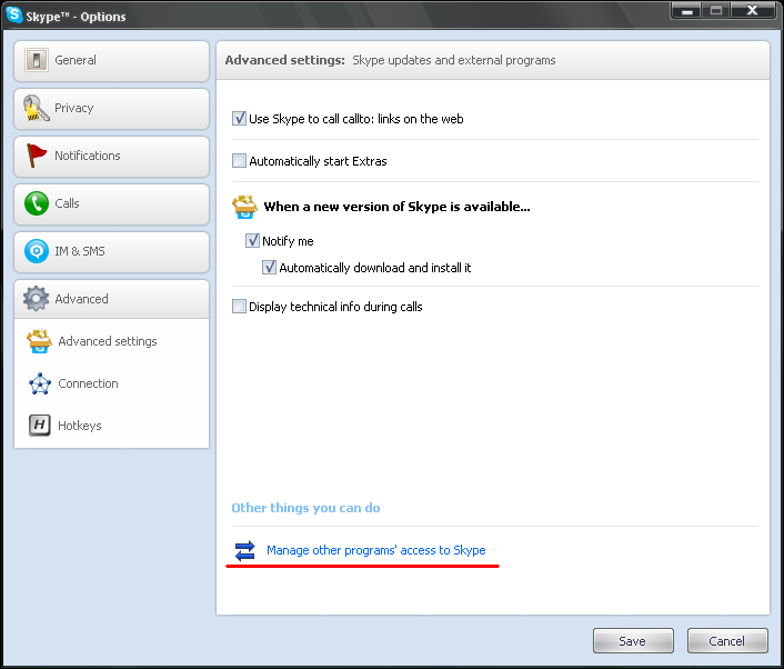 Manage other programs' access to Skype