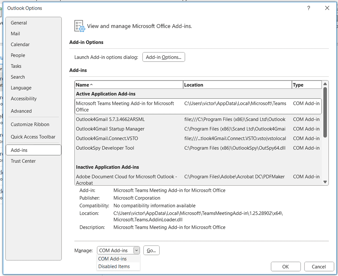 с надстройками Outlook