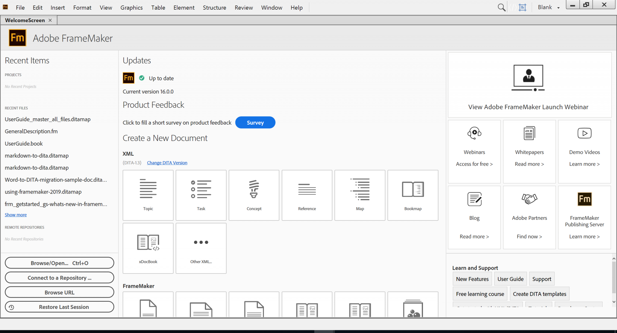 Главное стартовое окно FrameMaker